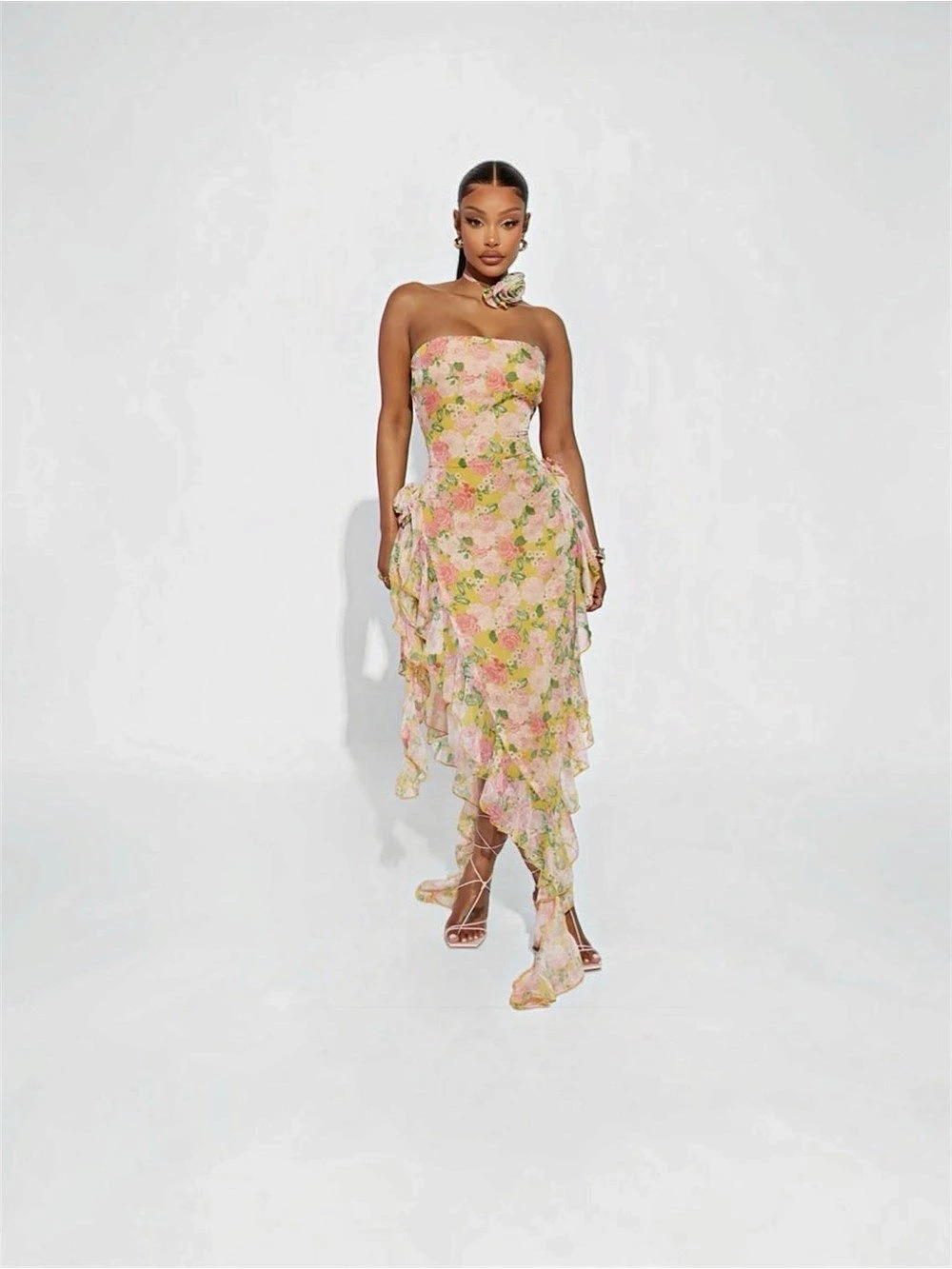 Fashion Nova Floral Mesh Midi Dress Floral Strapless Midi Dress Pink & Yellow XL
